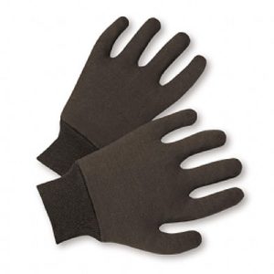 Reversible Mediumweight Brown Jersey Gloves/Sold by the dozen.